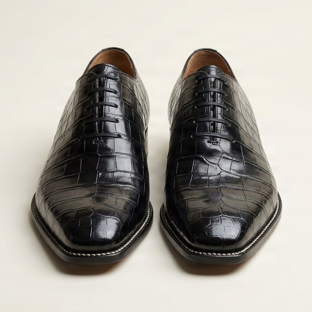 Black crocodile wholecut oxfords for men