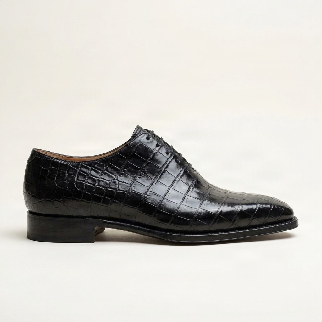 Men's black crocodile wholecut oxfords