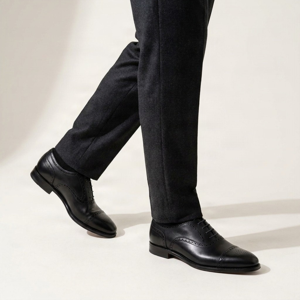 Men's leather cap toe brogues medallion punched in black