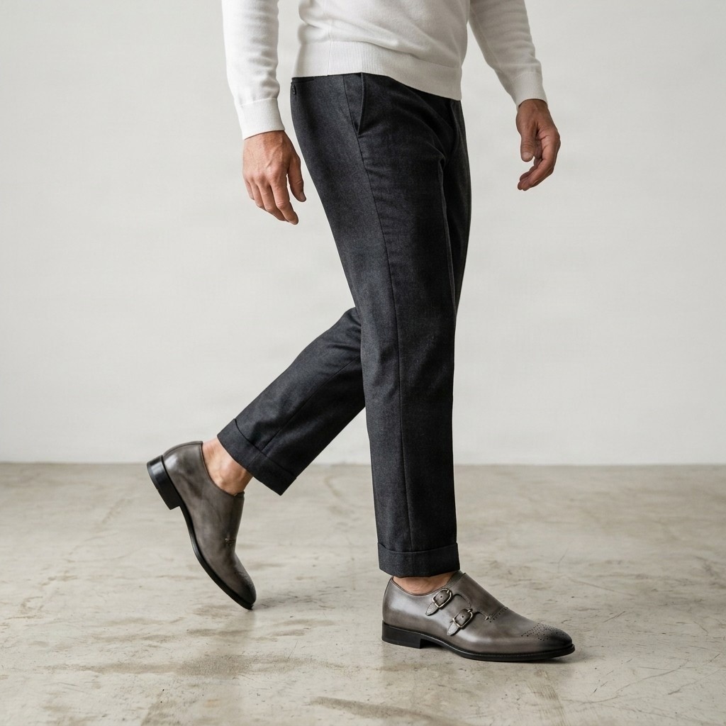 Grey leather double monk strap shoes for men