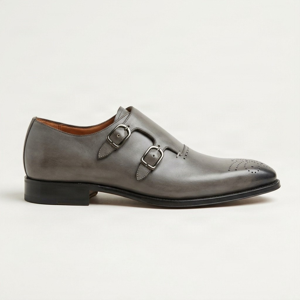 Men's grey leather double monk strap shoes