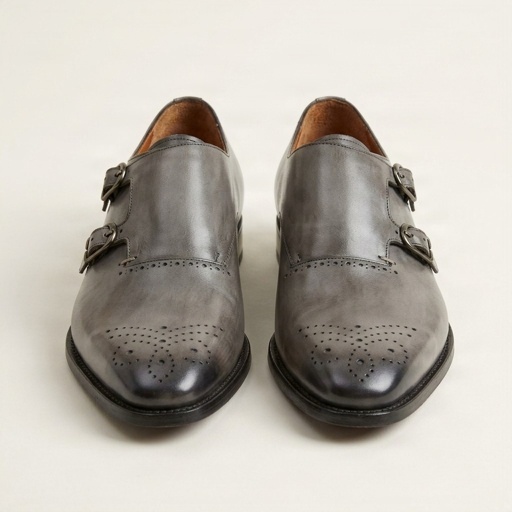Men's leather double monk strap shoes in grey