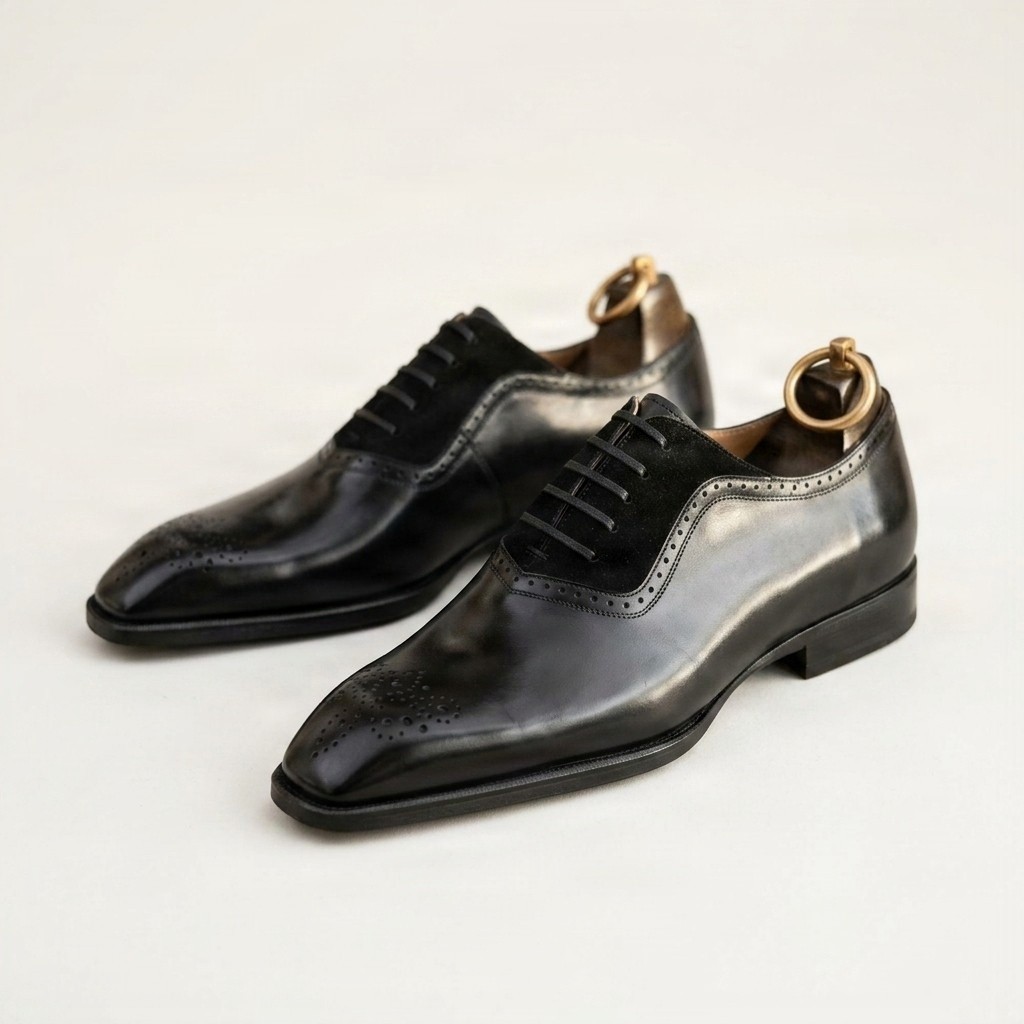 Black suede wingtip brogues for men