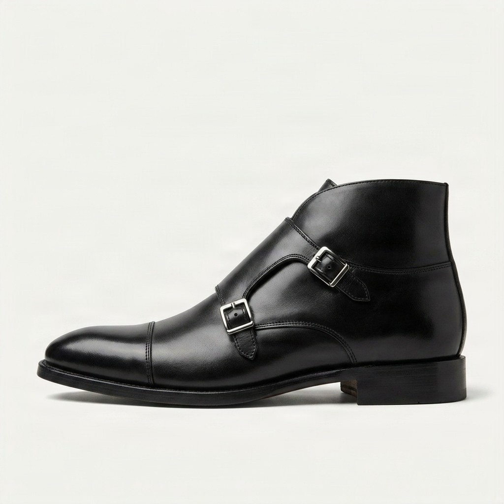 Black leather dress boots cap toe for men