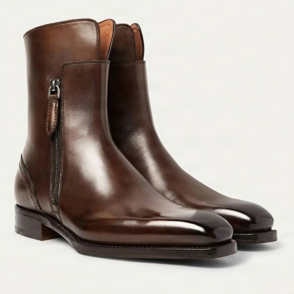 Brown leather ankle boots pointed toe for men