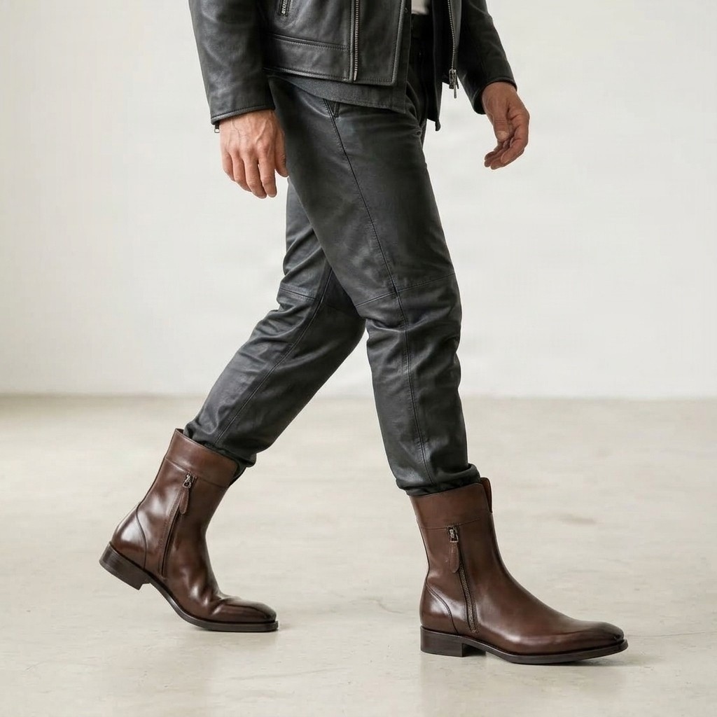 Men's leather ankle boots pointed toe in brown