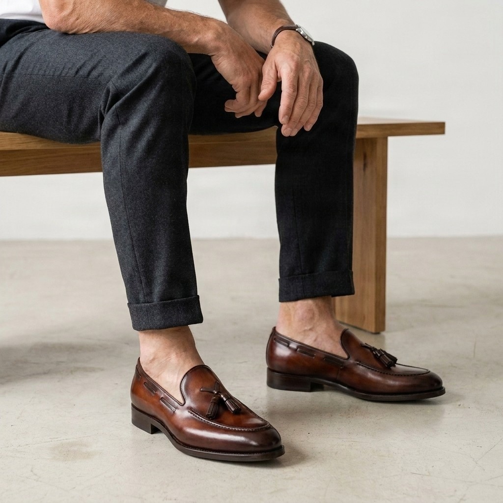Men's leather tassel loafers in cognac
