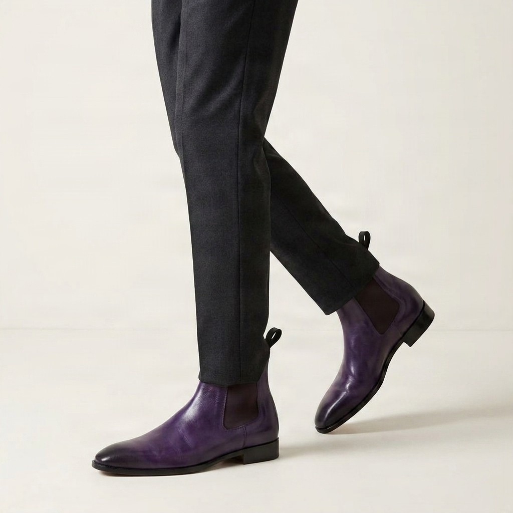 Purple and black leather chelsea boots for men