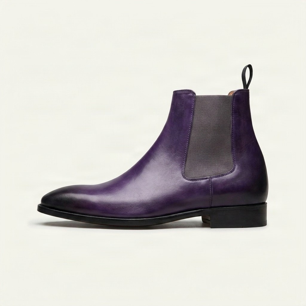 Men's purple and black leather chelsea boots