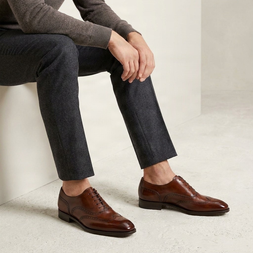 Men's cognac leather wingtip brogues medallion