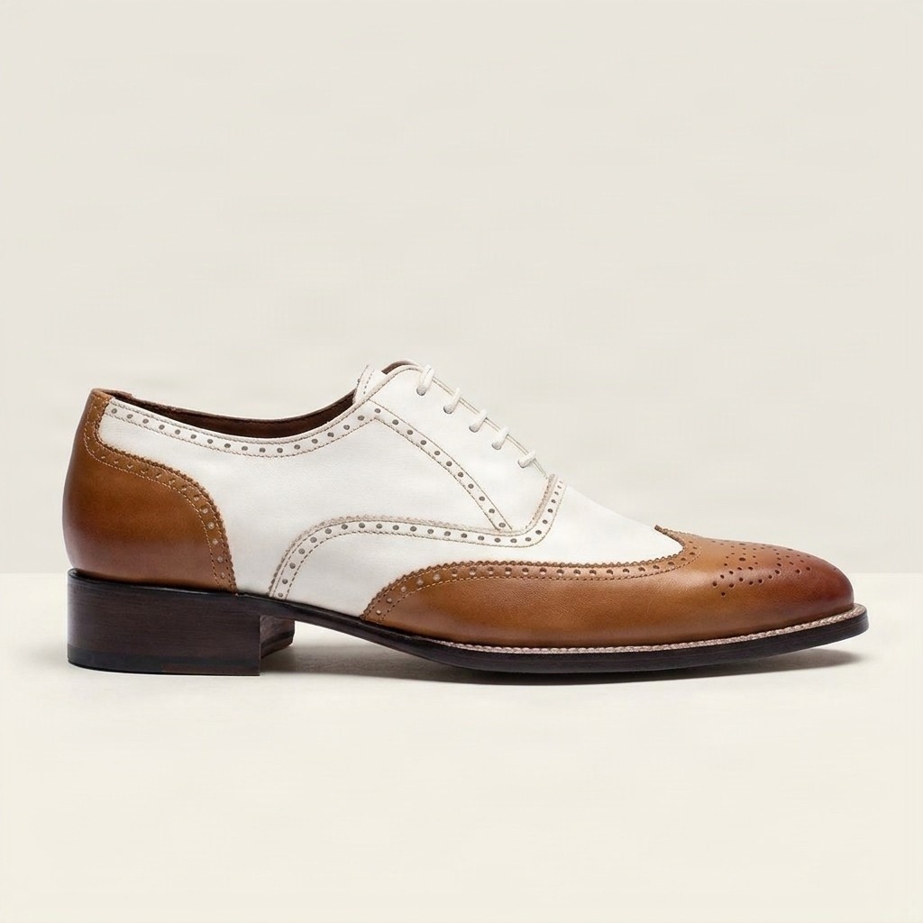 White and tan leather brogues for men