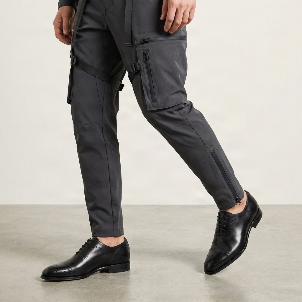 Men's leather cap toe brogues punched in black