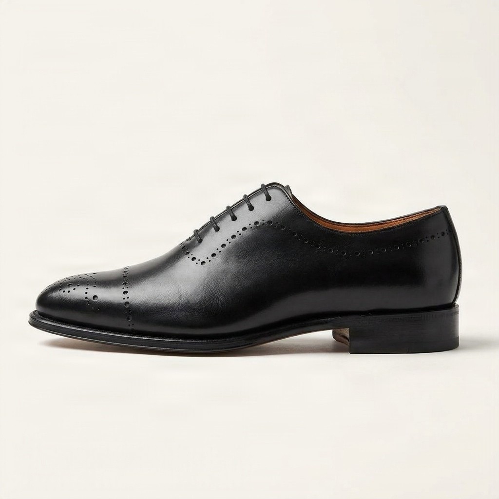 Black leather cap toe brogues punched for men