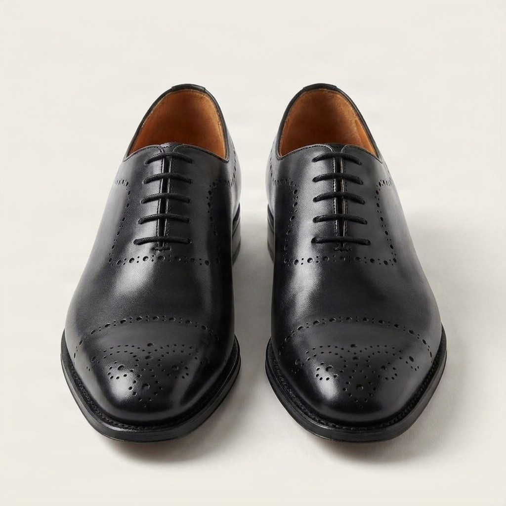 Men's black leather cap toe brogues punched