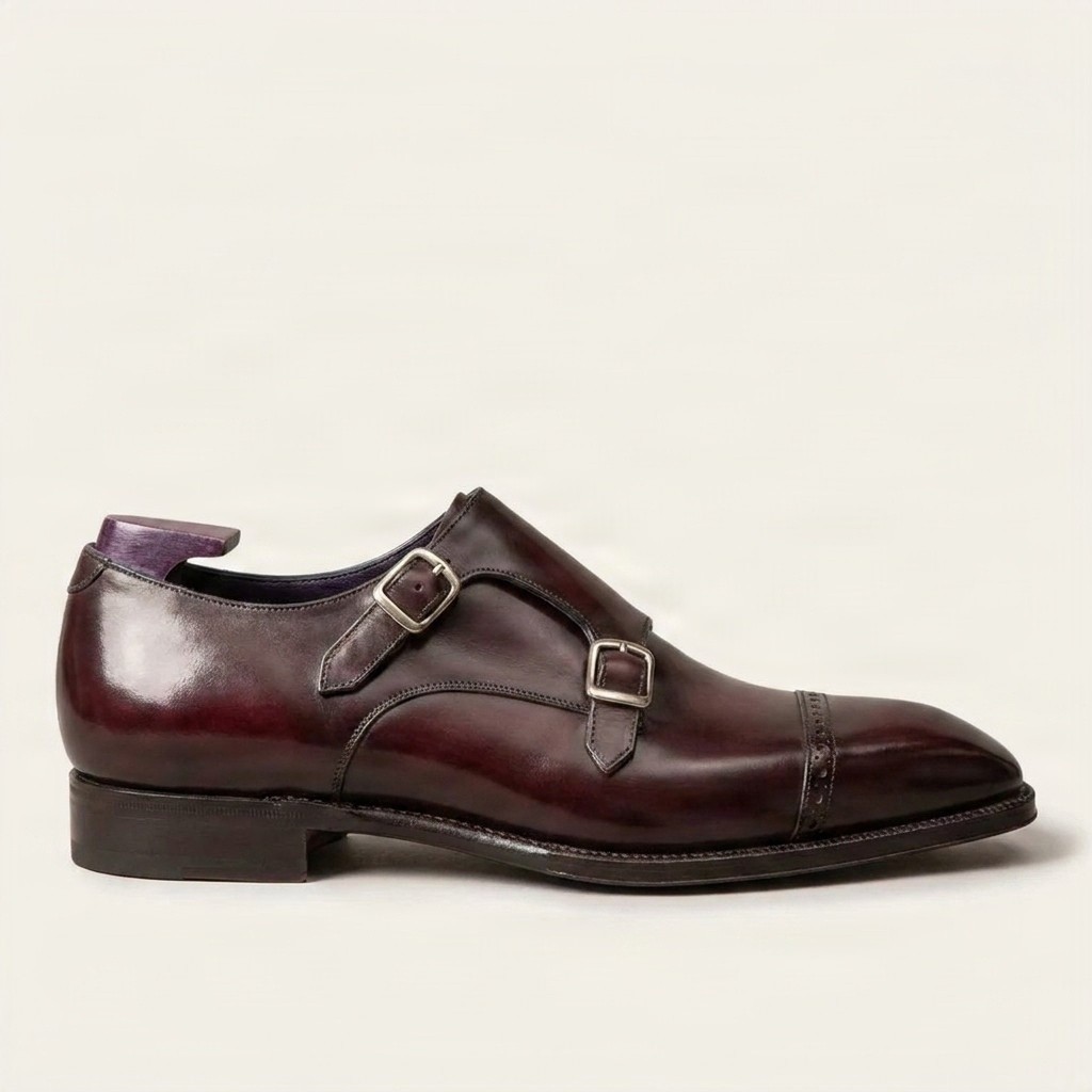 Burgundy leather double monk strap shoes toe for men