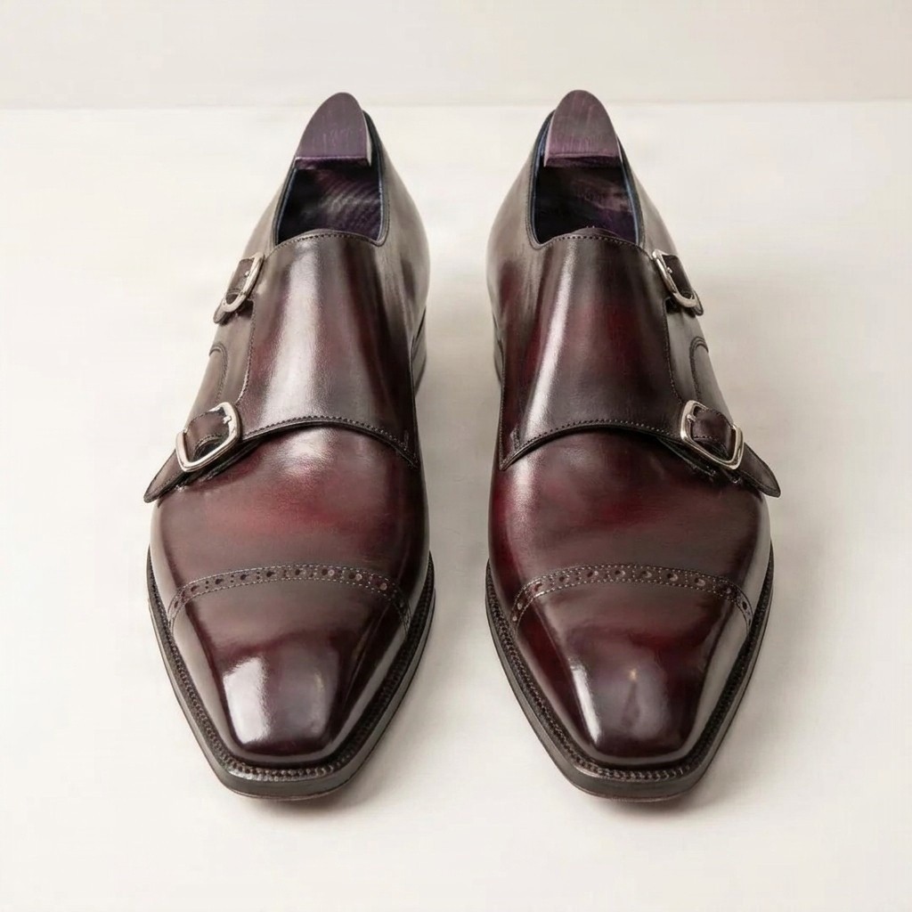 Men's burgundy leather double monk strap shoes toe