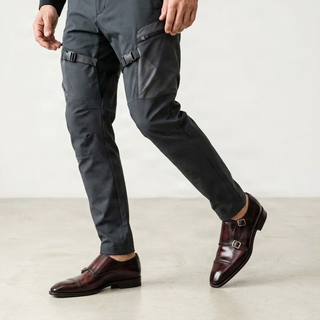 Men's leather double monk strap shoes toe in burgundy