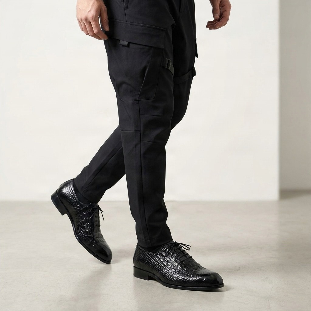 Black crocodile oxford shoes plain toe for men
