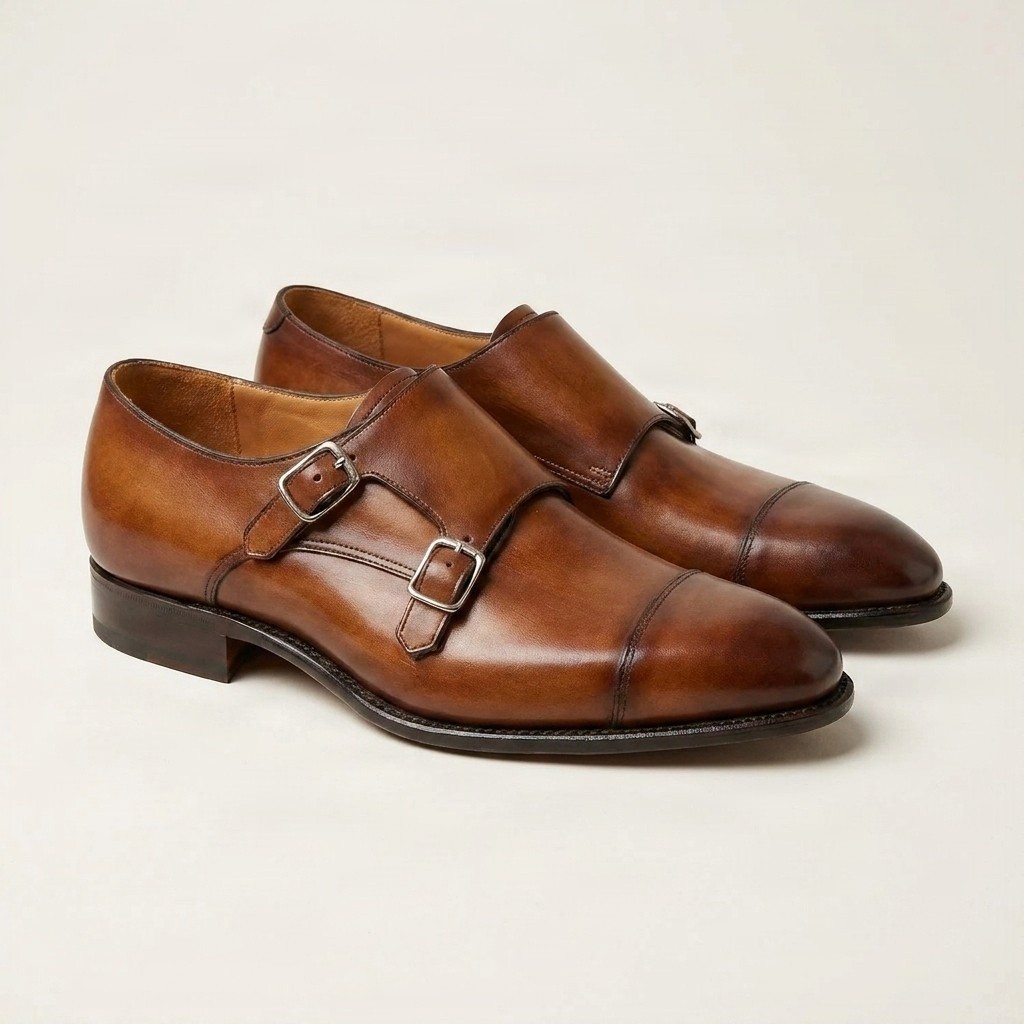 Men's leather double monk strap shoes cap toe in brown