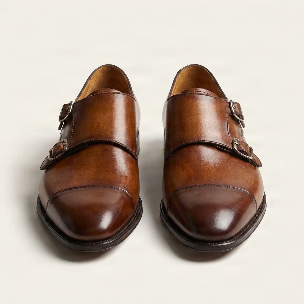 Men's brown leather double monk strap shoes cap toe