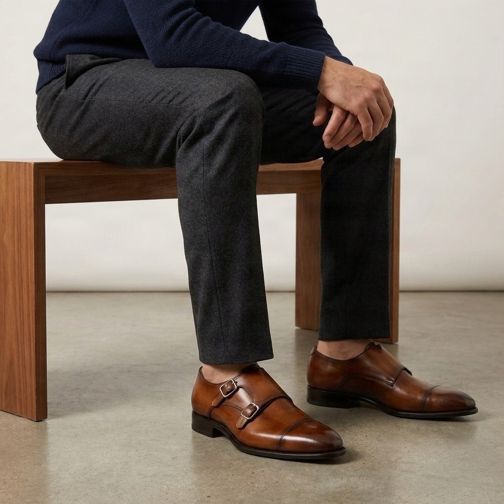 Brown leather double monk strap shoes cap toe for men