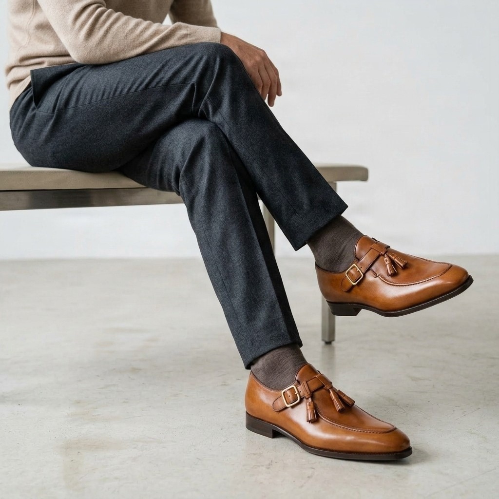 Men's cognac leather monk strap shoes