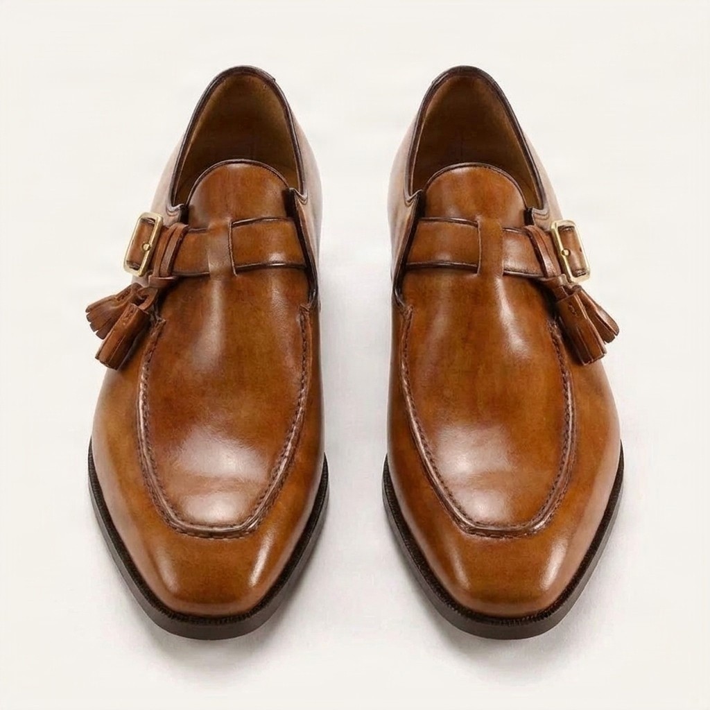 Men's leather monk strap shoes in cognac