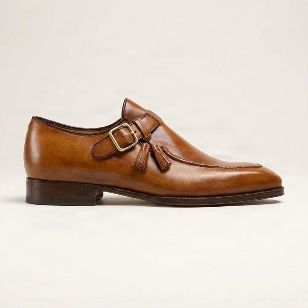 Cognac leather monk strap shoes for men