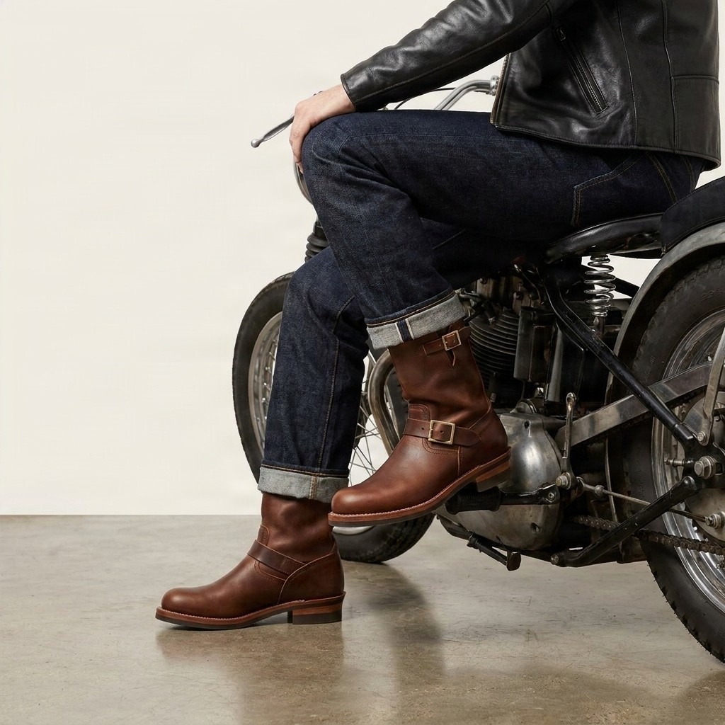 Brown leather engineer boots for men