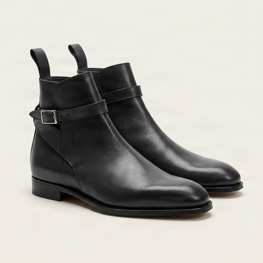 Black leather jodhpur boots buckle side for men