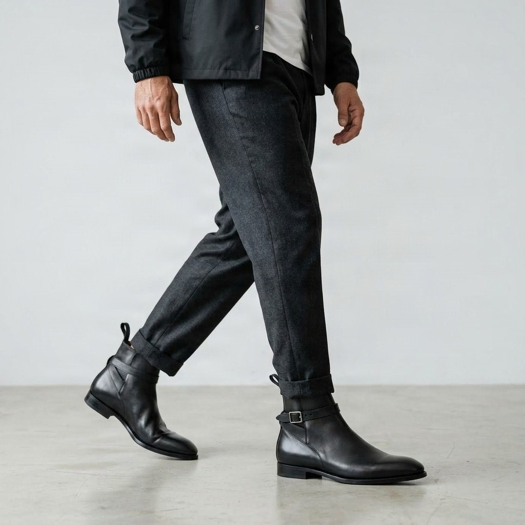 Men's black leather jodhpur boots buckle side