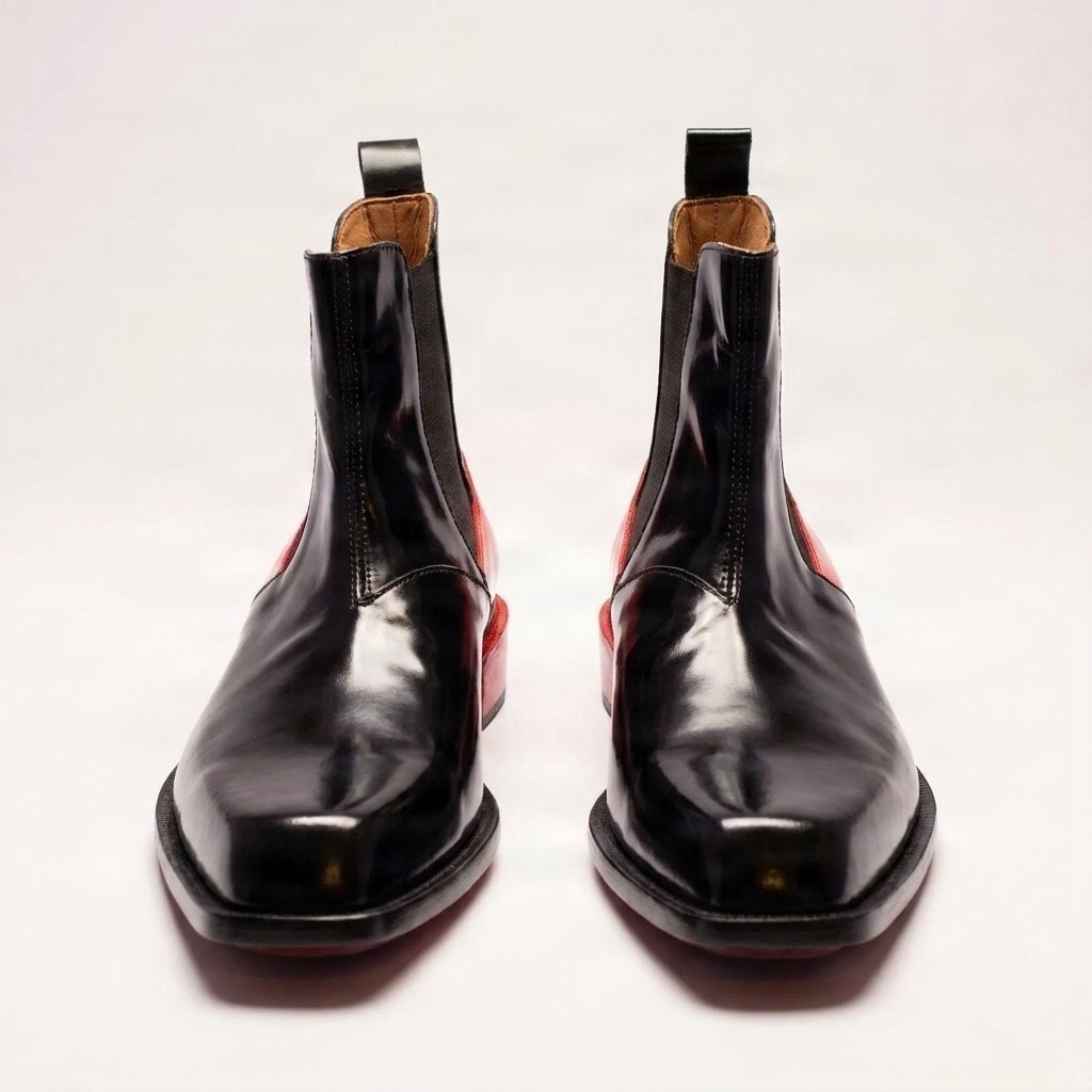 Black and red patent leather chelsea boots for men