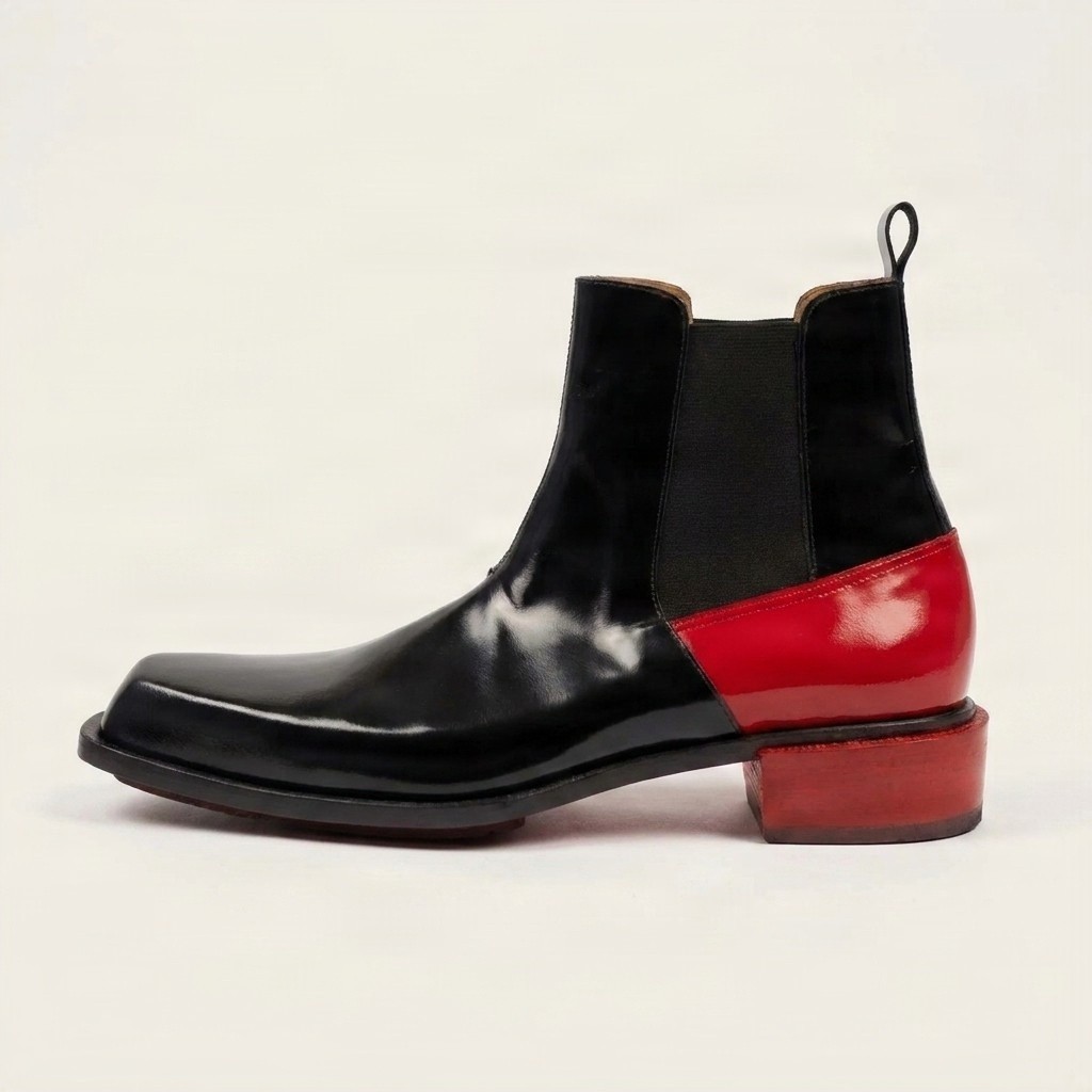 Men's patent leather chelsea boots in black and red