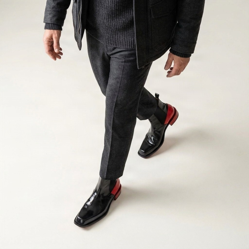 Men's black and red patent leather chelsea boots