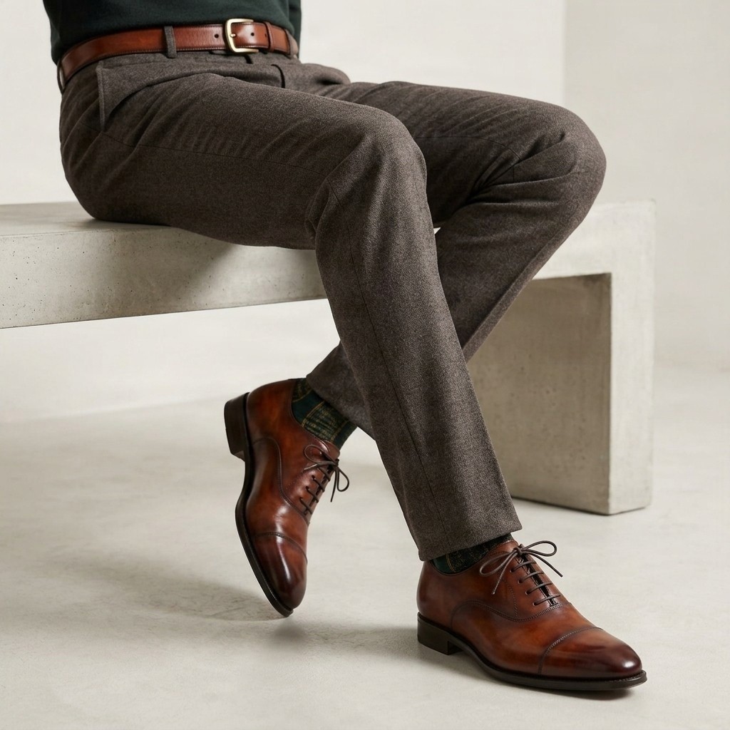 Men's brown leather oxford shoes cap toe closed