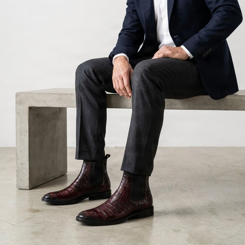 Burgundy crocodile chelsea boots for men