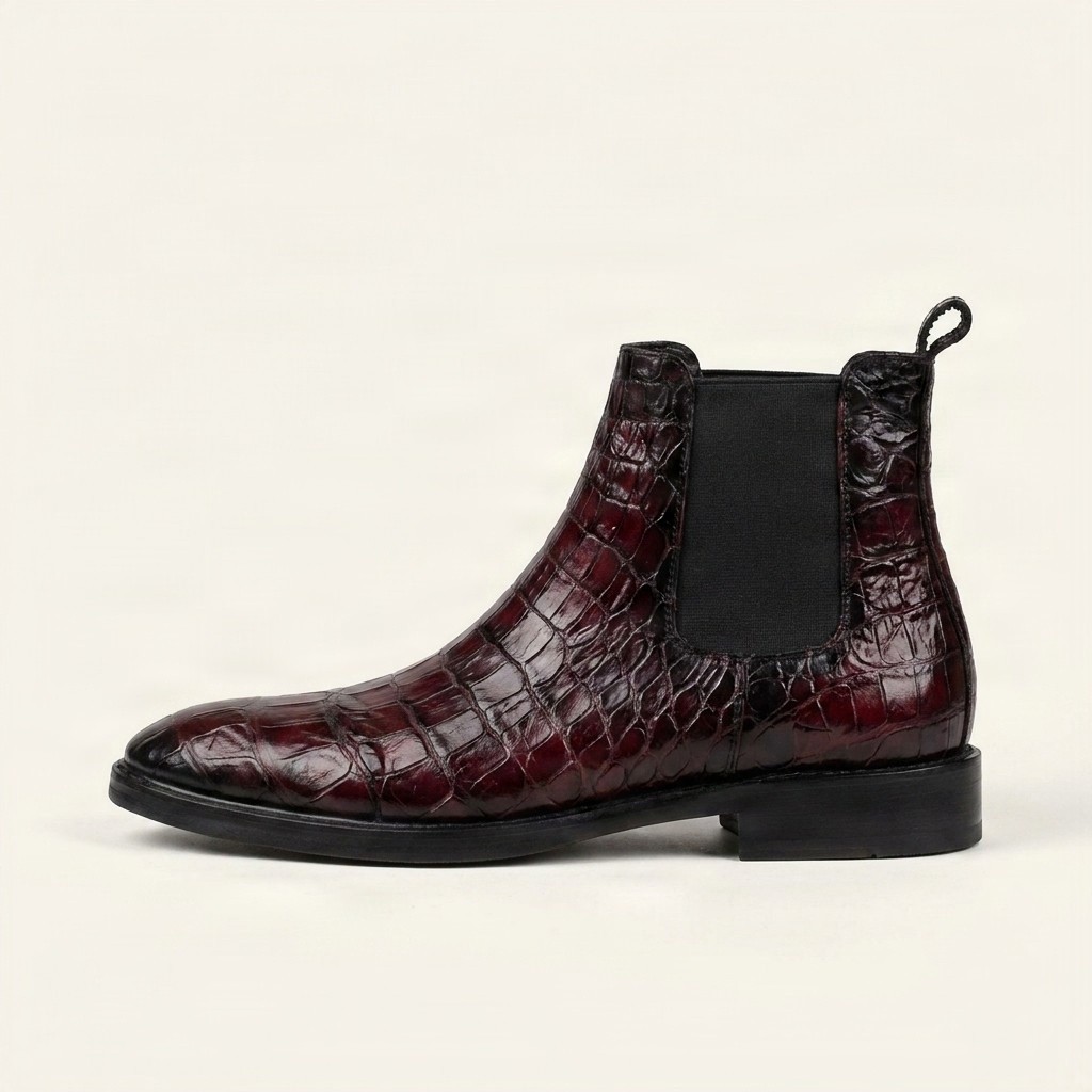 Men's crocodile chelsea boots in burgundy