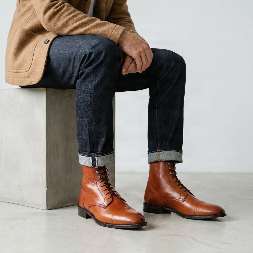 Men's leather dress boots cap toe in cognac