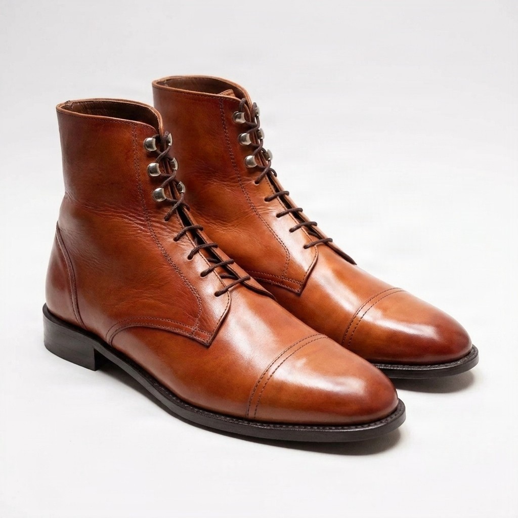 Men's cognac leather dress boots cap toe