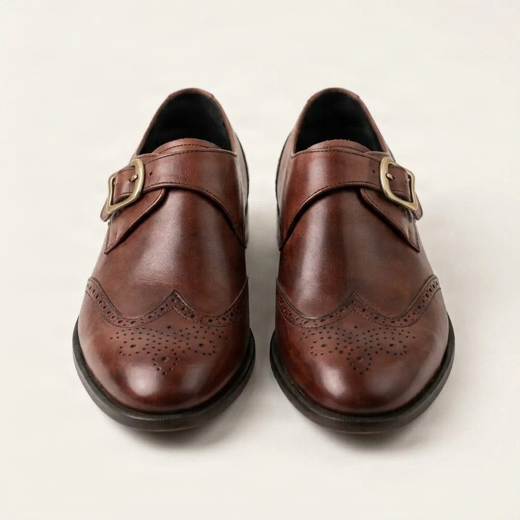 Men's brown leather monk strap shoes