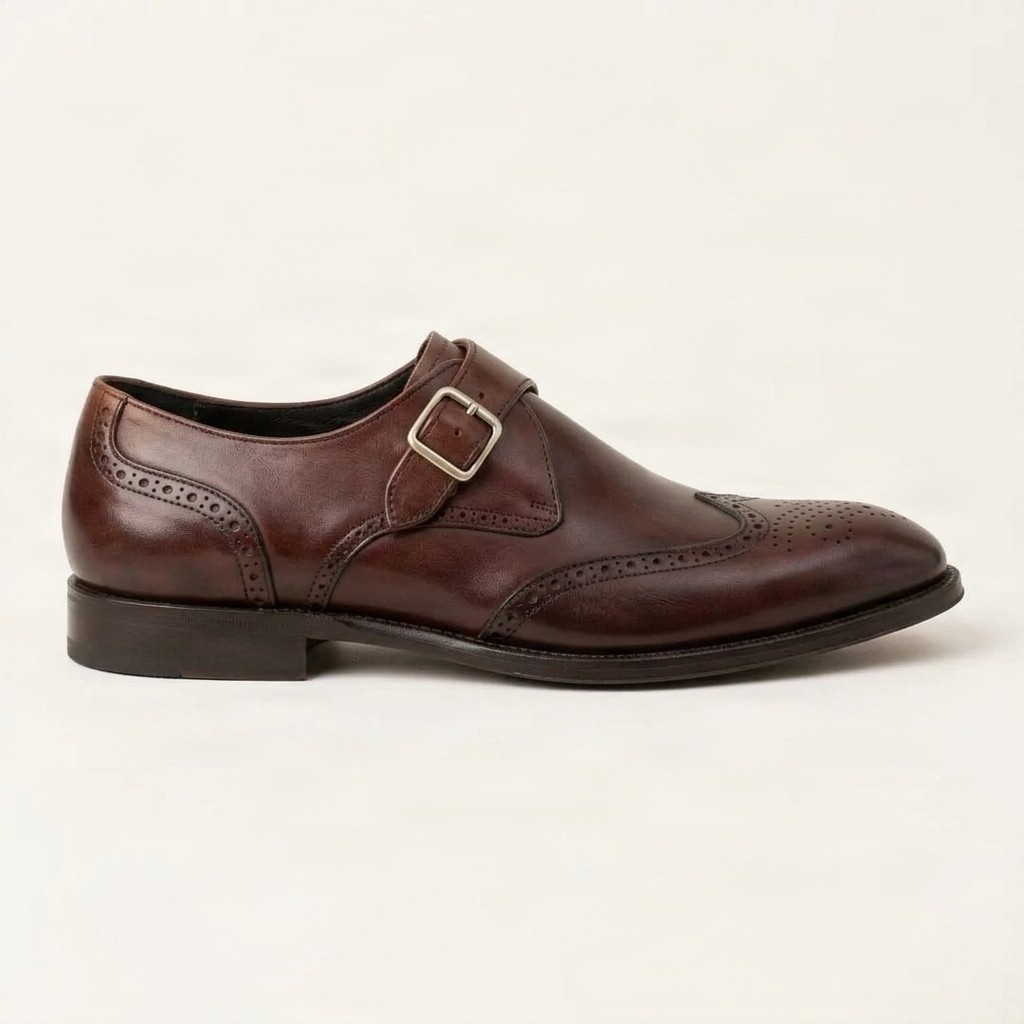 Brown leather monk strap shoes for men