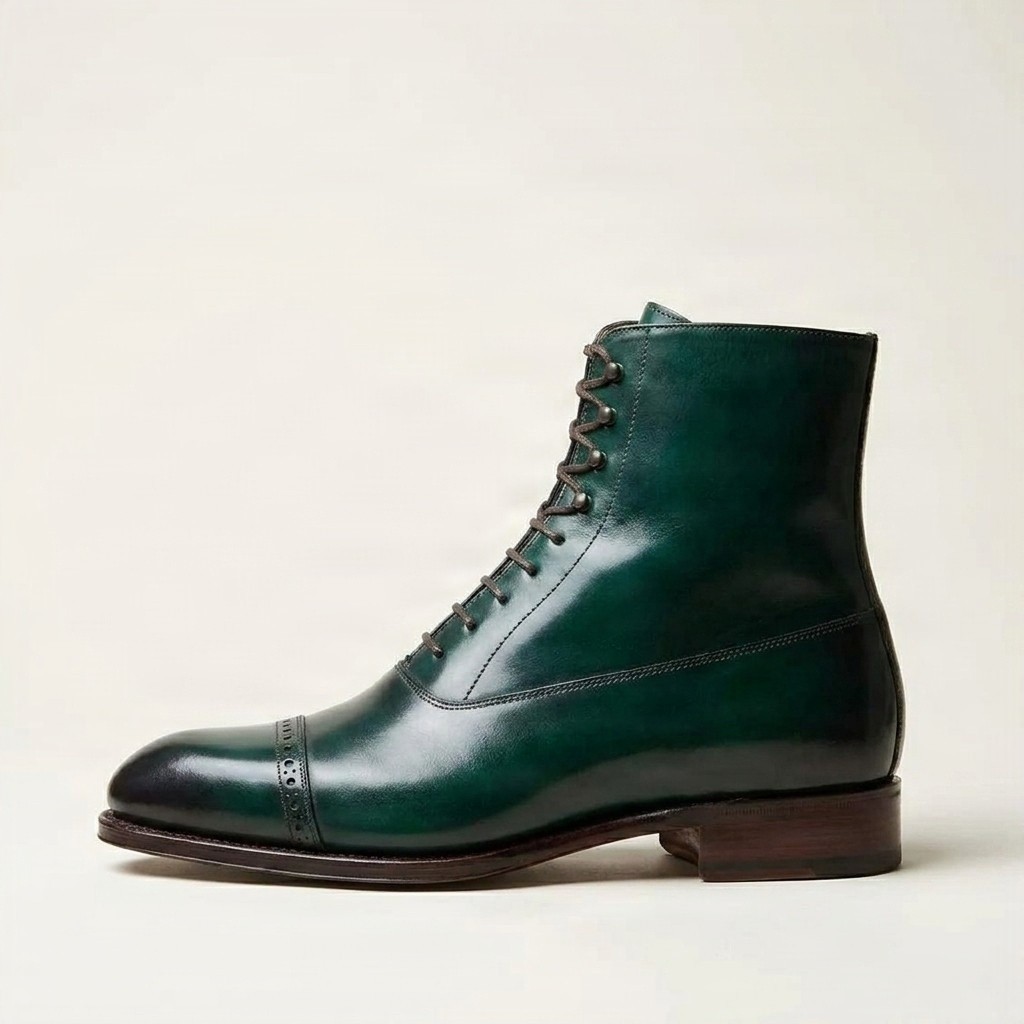 Green leather dress boots for men