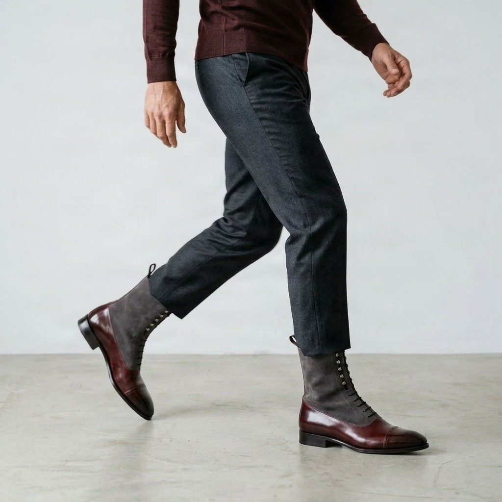 Burgundy and grey suede dress boots for men