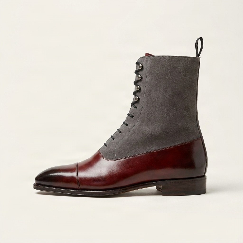 Men's suede dress boots in burgundy and grey