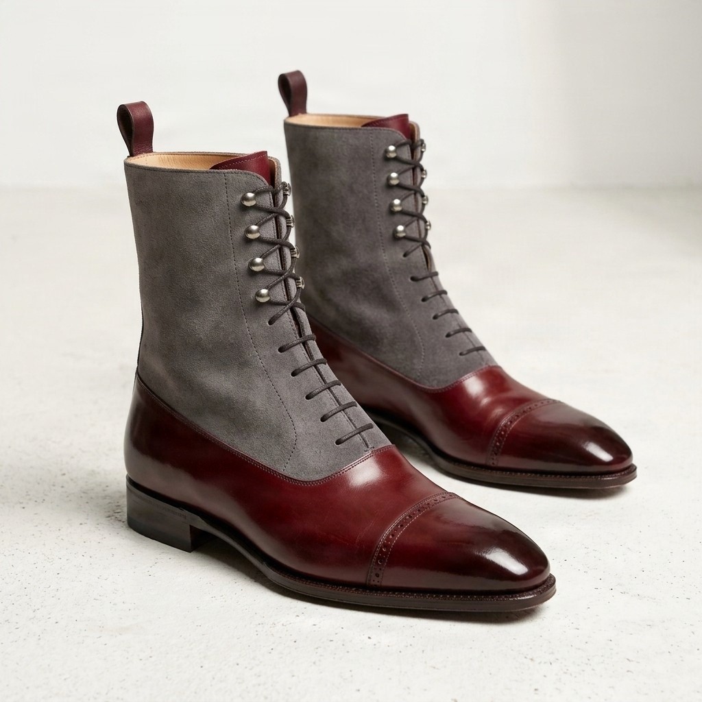 Men's burgundy and grey suede dress boots