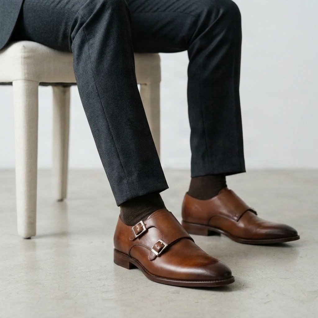 Men's brown leather double monk strap shoes two