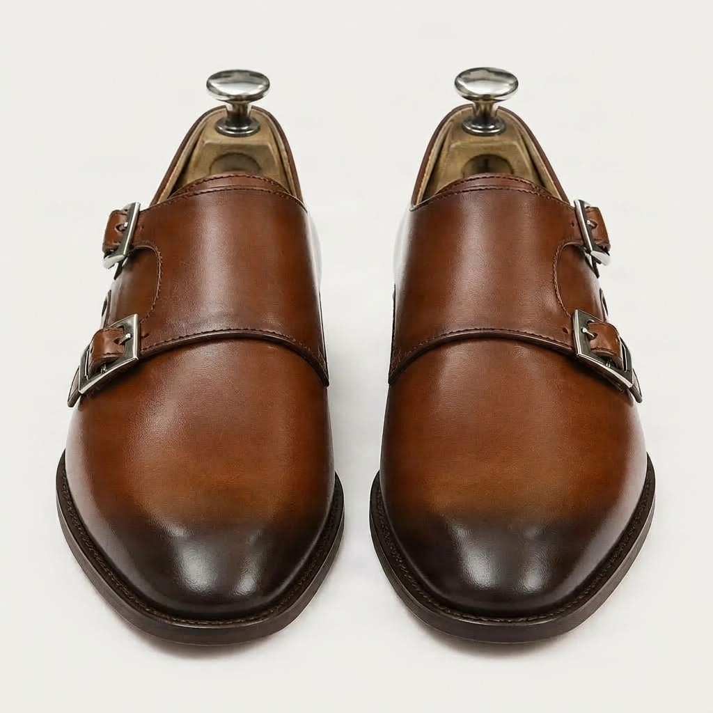 Men's leather double monk strap shoes two in brown