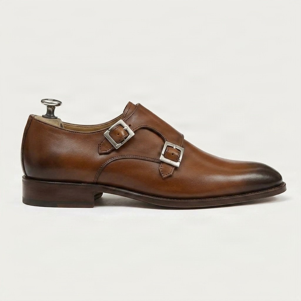 Brown leather double monk strap shoes two for men