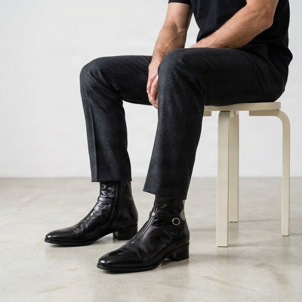Men's black leather harness boots buckle