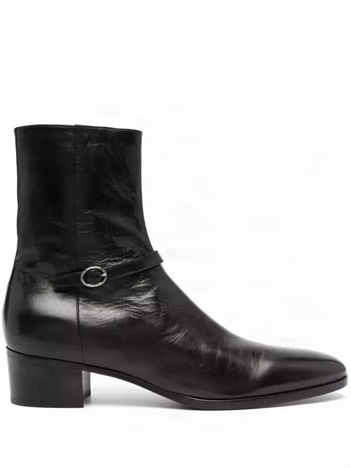 Black leather harness boots buckle for men